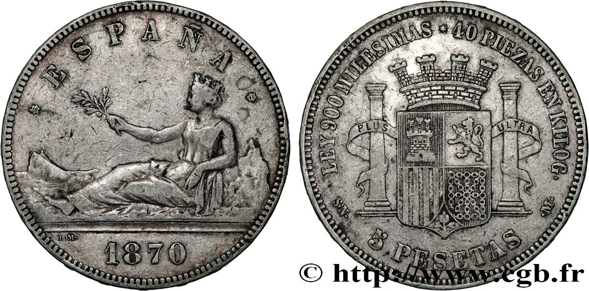 ESPAGNE 5 Pesetas 1870 Madrid TTB 