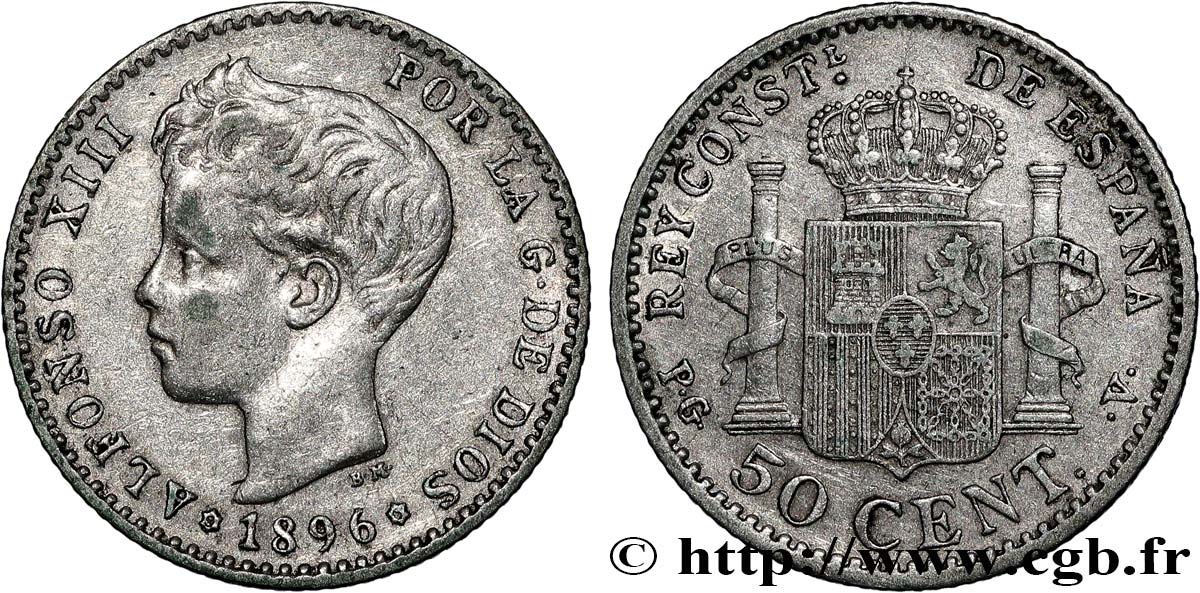 SPAIN 50 Centimos Alphonse XIII 3e type / emblème couronné 1896 Madrid AU 