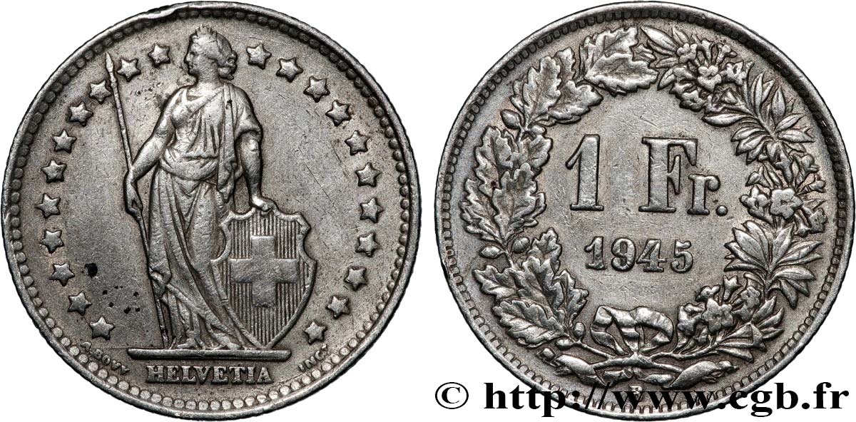 SWITZERLAND 1 Franc Helvetia 1945 Berne XF 