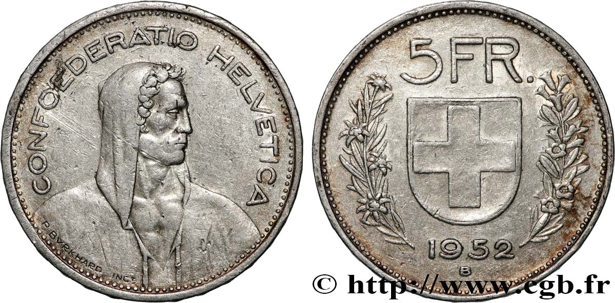 SWITZERLAND 5 Francs Berger des alpes / bouclier suisse 1952 Berne - B XF 