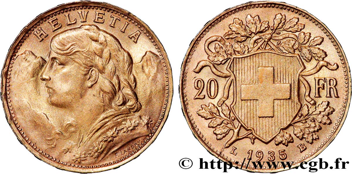 INVESTMENT GOLD 20 Francs  Vreneli  1935 Berne EBC 