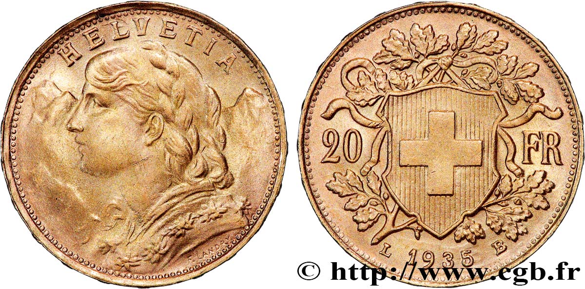 INVESTMENT GOLD 20 Francs  Vreneli  1935 Berne AU 