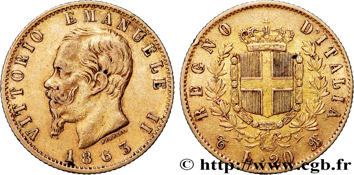 GOLD, PALLADIUM & PLATINUM INVESTMENT 20 Lire Victor Emmanuel II 1863 Turin XF 