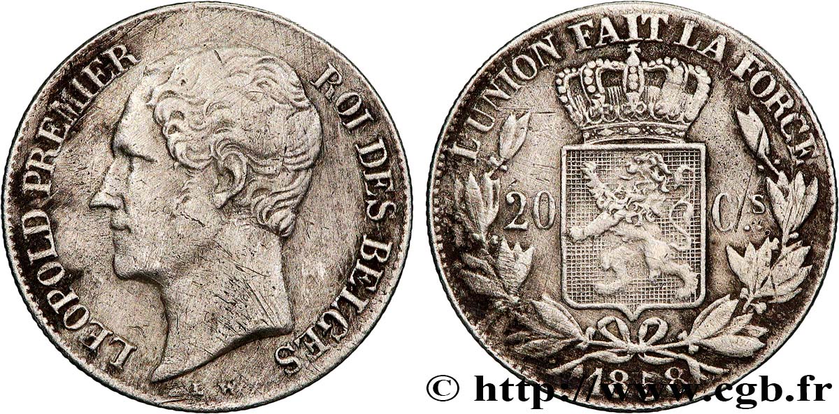 BELGIUM - KINGDOM OF BELGIUM - LEOPOLD I 20 Centimes, tête nue 1858  VF 