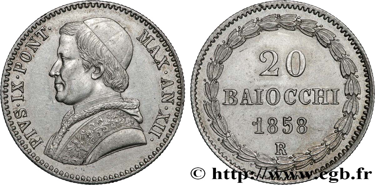 ITALIE - ÉTATS DU PAPE - PIE IX (Jean-Marie Mastai Ferretti) 20 Baiocchi an XII 1858 Rome SUP 