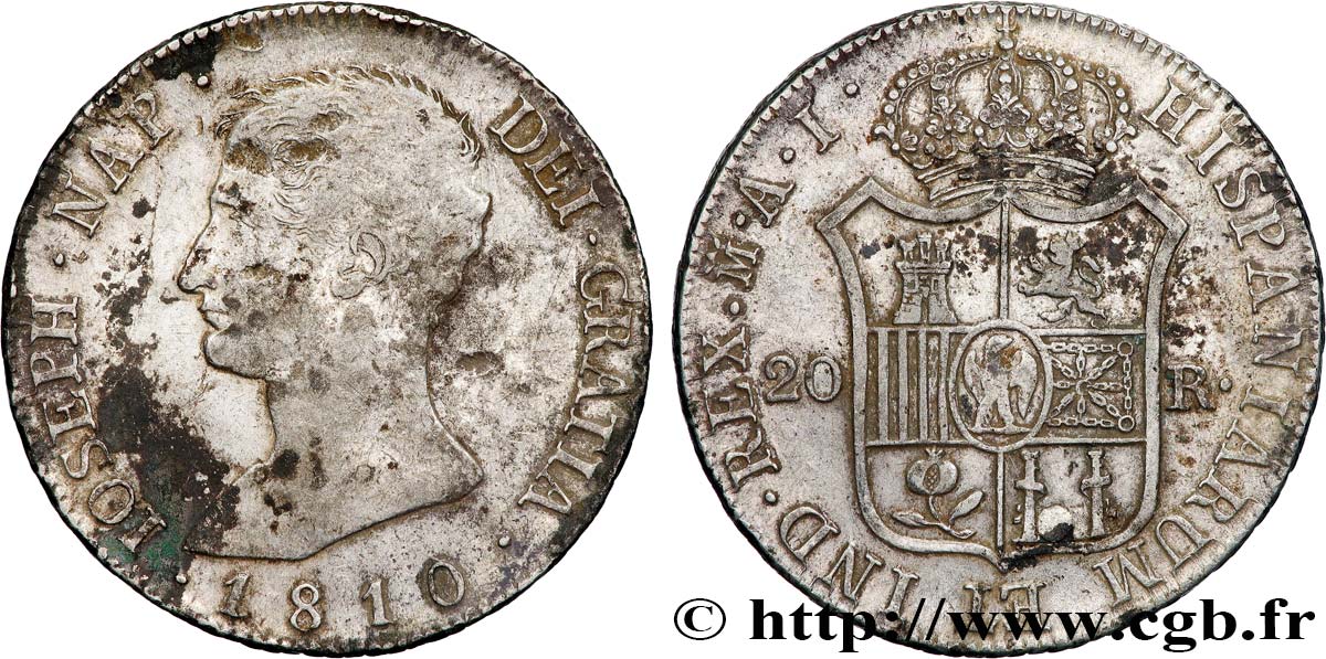 SPAIN - KINGDOM OF SPAIN - JOSEPH NAPOLEON 20 Reales ou 5 Pesetas 1810 Madrid XF 