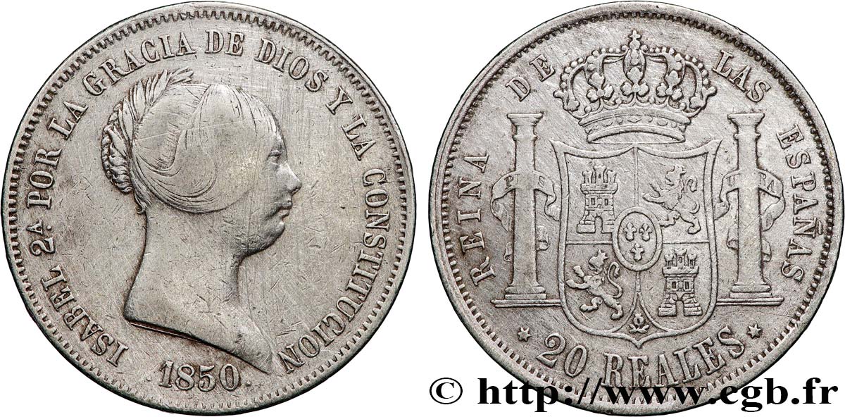 ESPAGNE - ROYAUME D ESPAGNE - ISABELLE II 20 Reales  1850 Madrid fSS 
