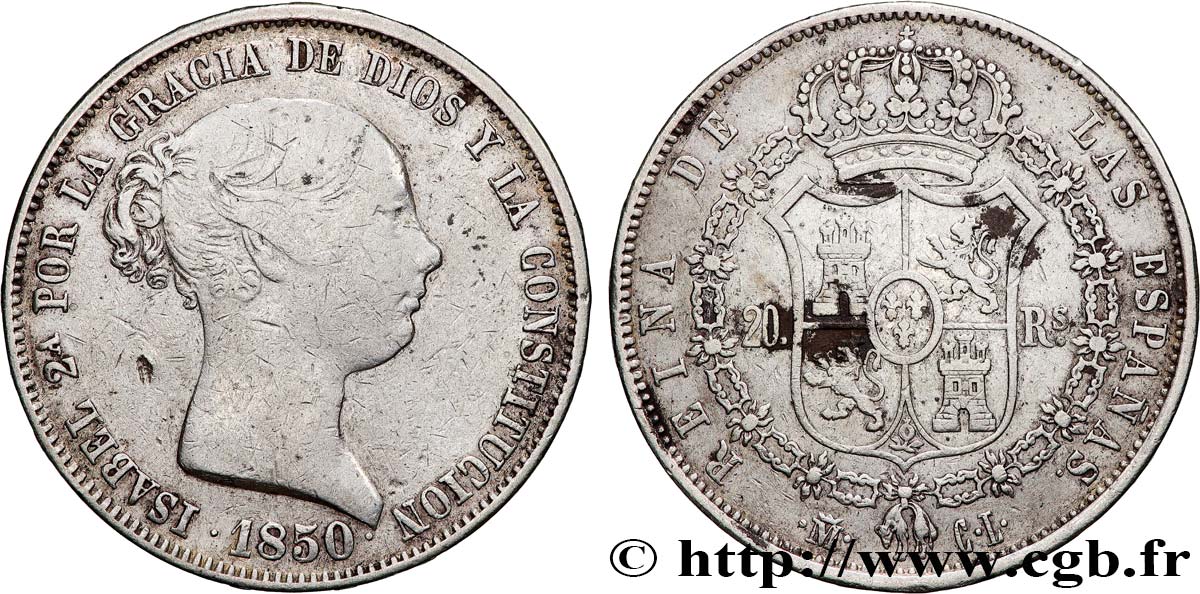 ESPAGNE - ROYAUME D ESPAGNE - ISABELLE II 20 Reales  1850 Madrid q.BB 