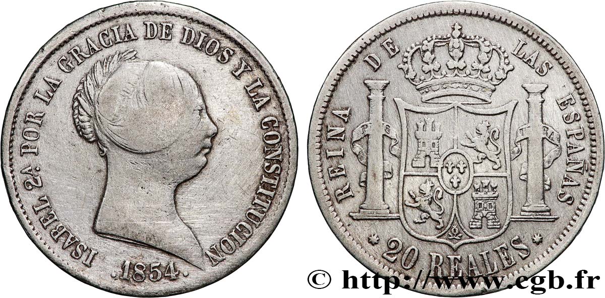 SPAIN - KINGDOM OF SPAIN - ISABELLA II 20 Reales  1854 Séville VF 