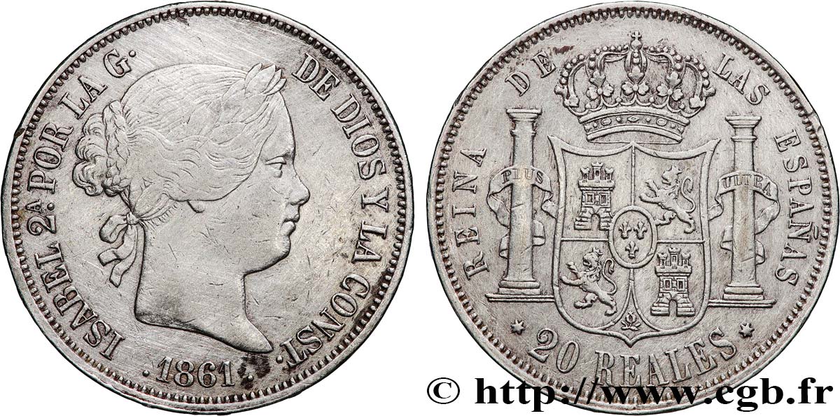 ESPAGNE - ROYAUME D ESPAGNE - ISABELLE II 20 Reales 1861 Madrid SS 