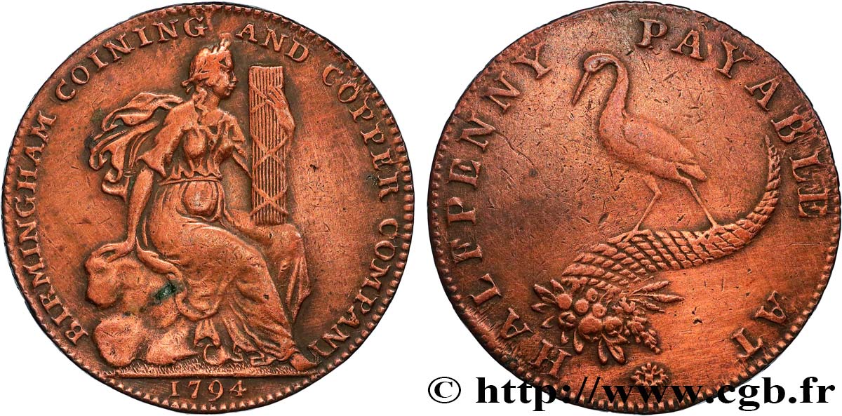 BRITISH TOKENS 1/2 Penny Birmingham  1794  XF 