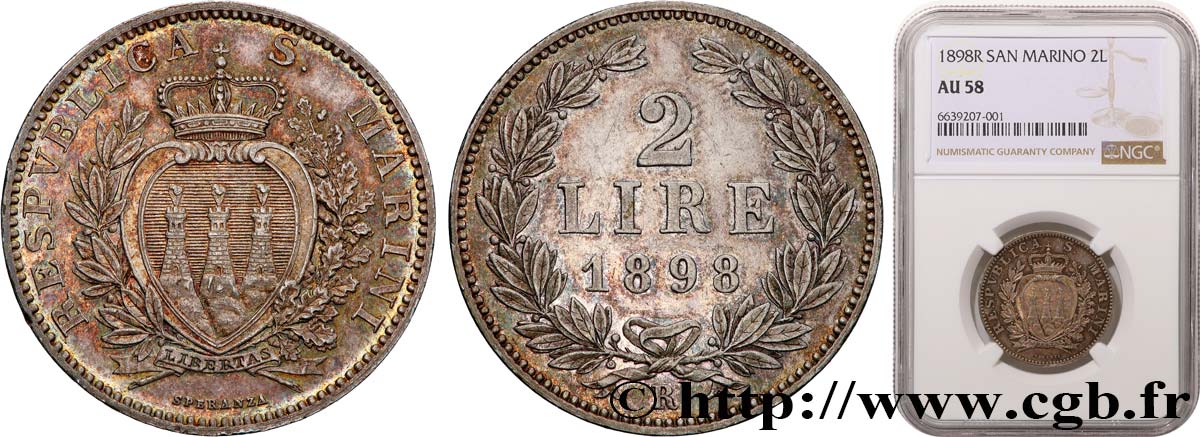 SAN MARINO 2 Lire 1898 Rome AU58 NGC