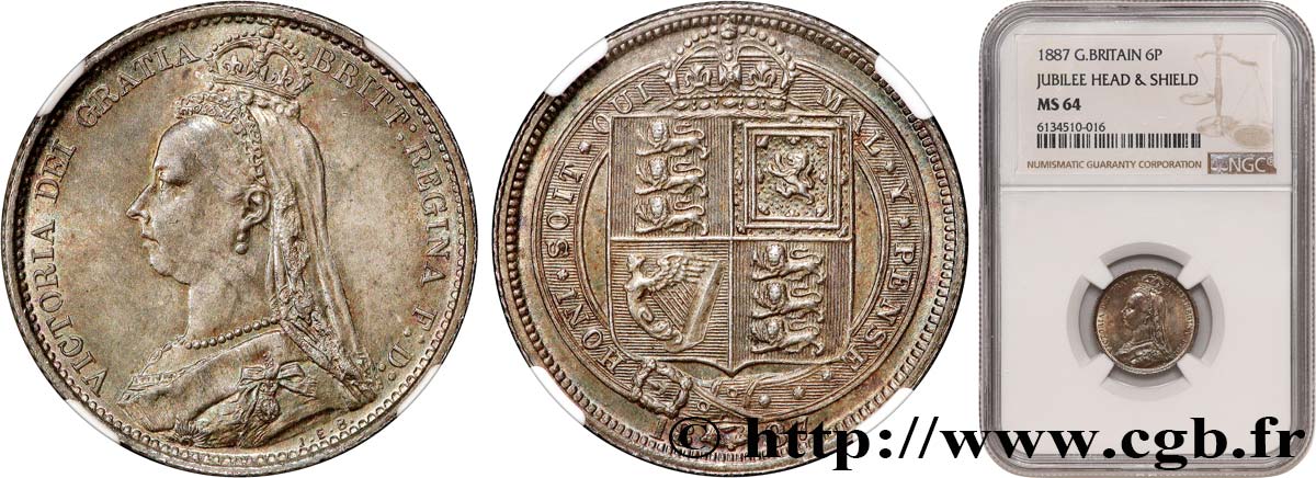 GRAN BRETAGNA - VICTORIA 6 Pence Victoria “buste du jubilé”, type écu 1887  MS64 NGC