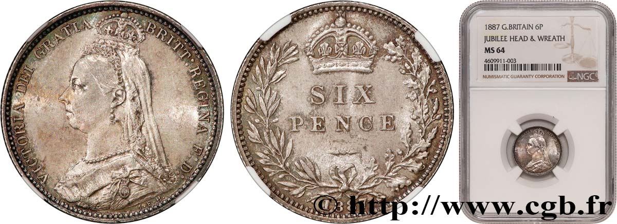 GRAN BRETAGNA - VICTORIA 6 Pence Victoria “buste du Jubilé”, rameaux 1887  MS64 NGC
