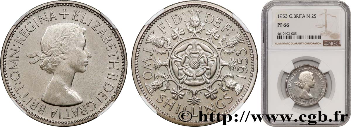 VEREINIGTEN KÖNIGREICH 1 Florin (2 Shillings) Elisabeth II 1953  ST66 NGC