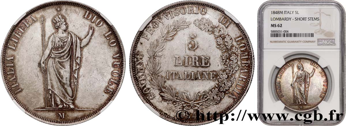 ITALIA - LOMBARDIA 5 Lire Gouvernement provisoire de Lombardie 1848 Milan EBC62 NGC