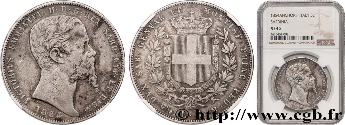 ITALY - KINGDOM OF SARDINIA - VICTOR-EMMANUEL II 5 Lire  1854 Gênes XF45 NGC