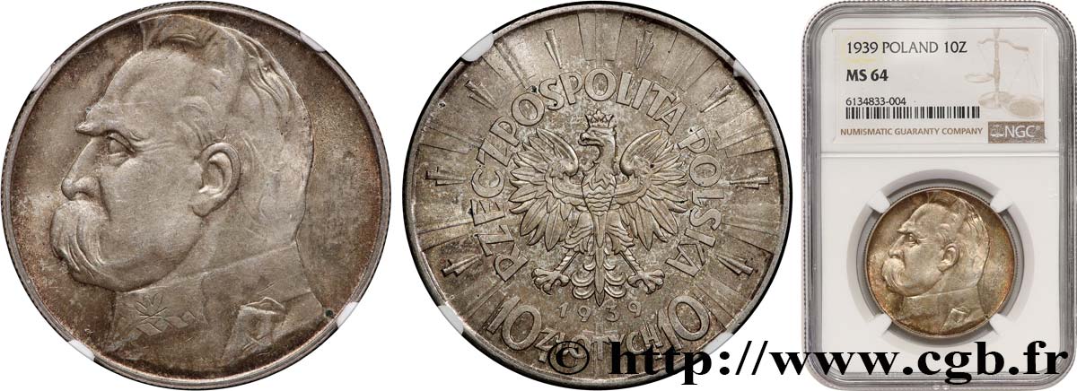 POLONIA 10 Zlotych aigle / Maréchal Pilsudski 1939 Varsovie MS64 NGC