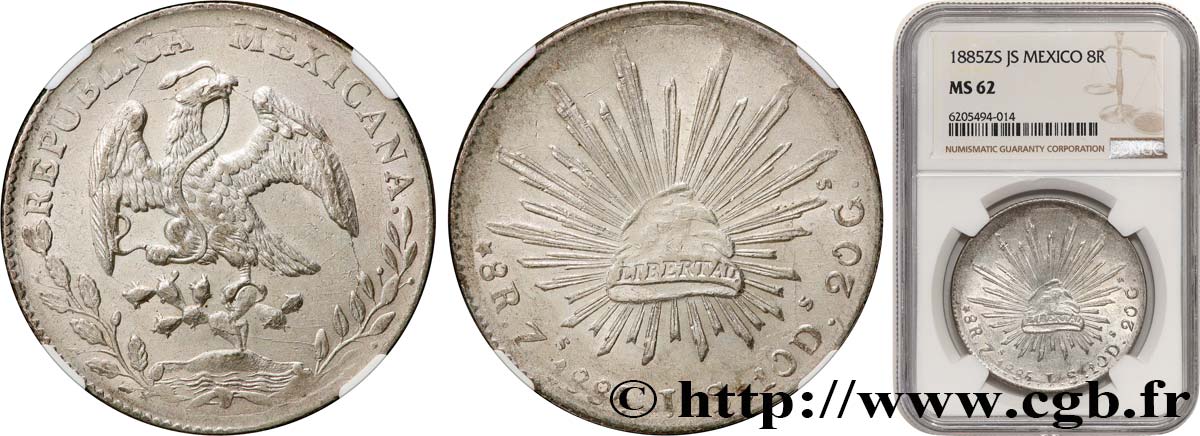 MEXIKO 8 Reales 1885 Zacatecas VZ62 NGC