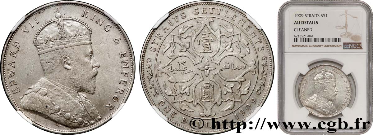 MALASIA - COLONIAS DEL ESTRECHO 1 Dollar Edouard VII 1909 Bombay EBC NGC