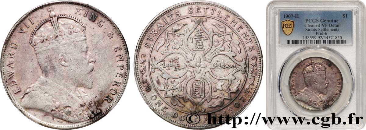 MALESIA - INSEDIAMENTI DELLO STRETTO 1 Dollar Edouard VII 1907 Heaton MB PCGS