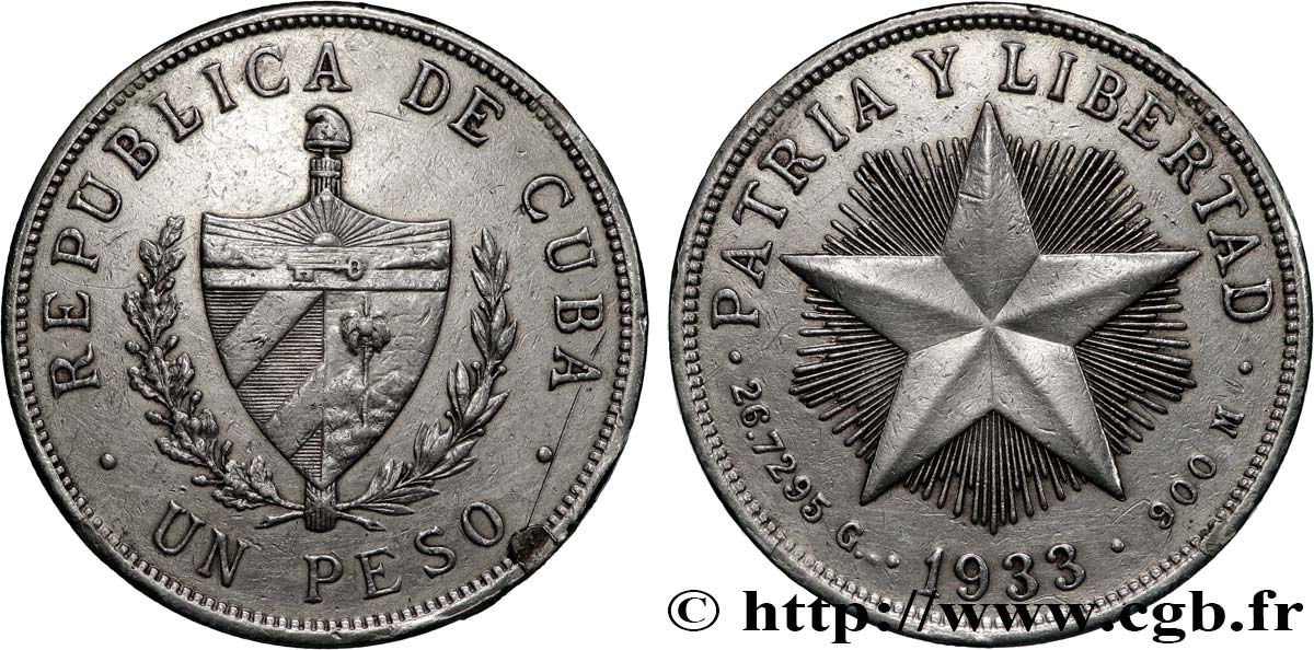 KUBA 1 Peso 1933  SS 