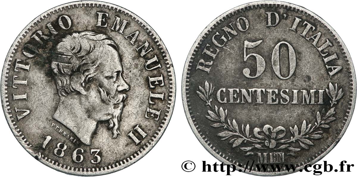 ITALIE 50 Centesimi Victor Emmanuel II 1863 Milan TB 
