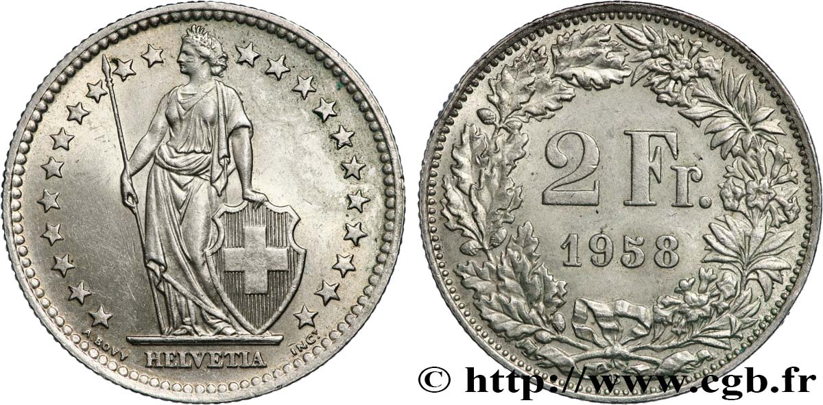 SUISSE 2 Francs Helvetia 1958 Berne - B SUP 