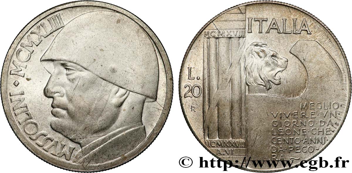 ITALY 20 Lire Mussolini (monnaie apocryphe) 1943 Rome - R AU 