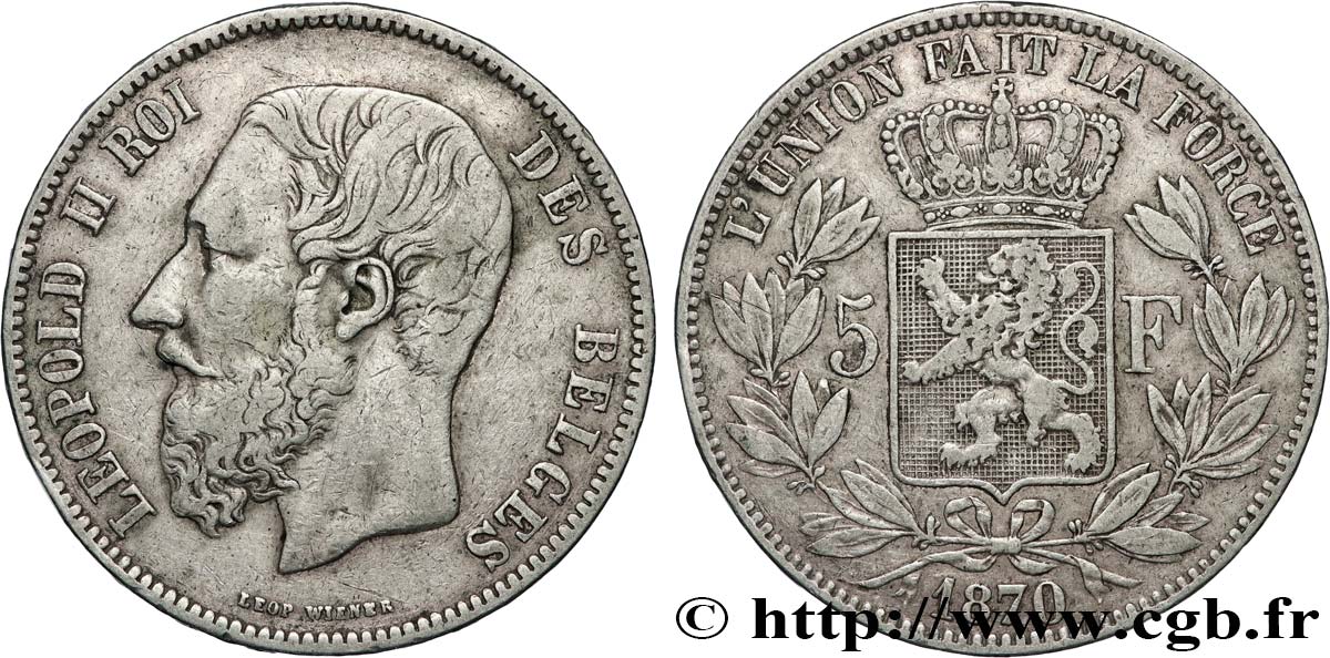 BELGIQUE 5 Francs Léopold II 1870  TTB 