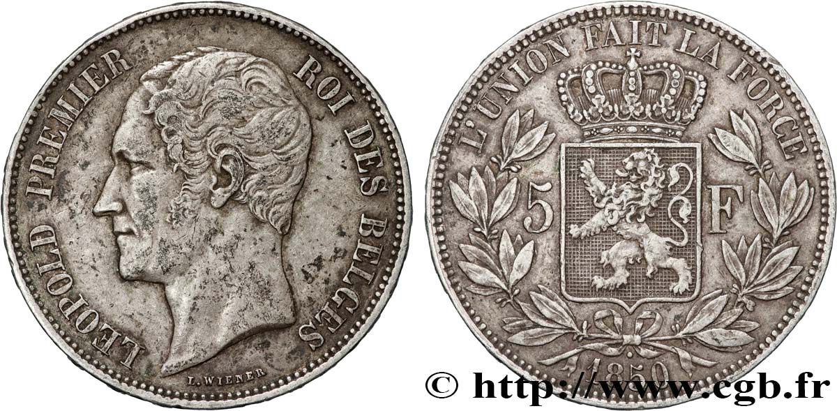 BELGIQUE 5 Francs Léopold Ier 1850  TTB 