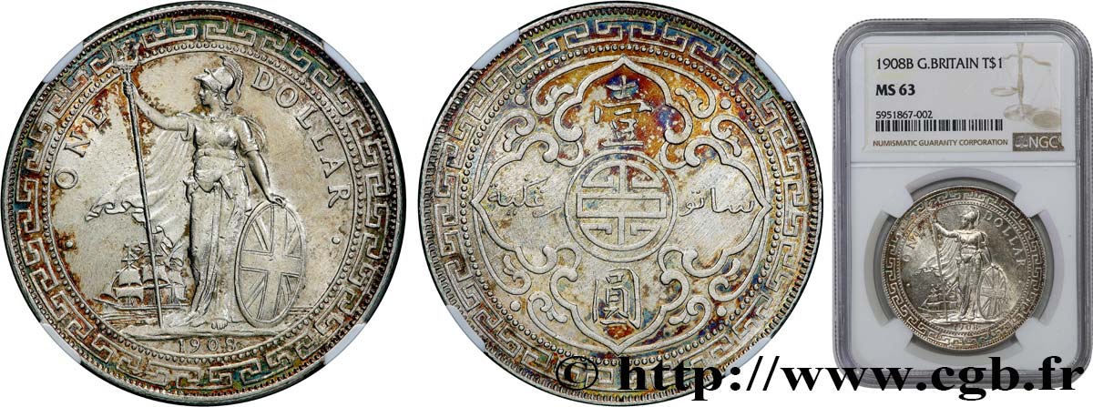 GREAT BRITAIN - VICTORIA Trade dollar 1908 Bombay MS63 NGC