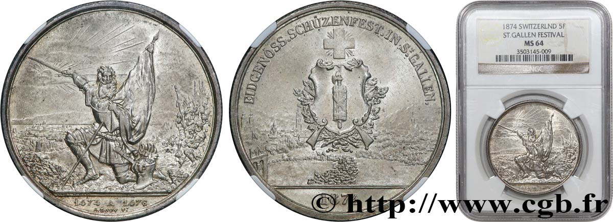 SUISSE 5 Francs, monnaie de Tir, Saint-Gall 1874  SPL64 NGC