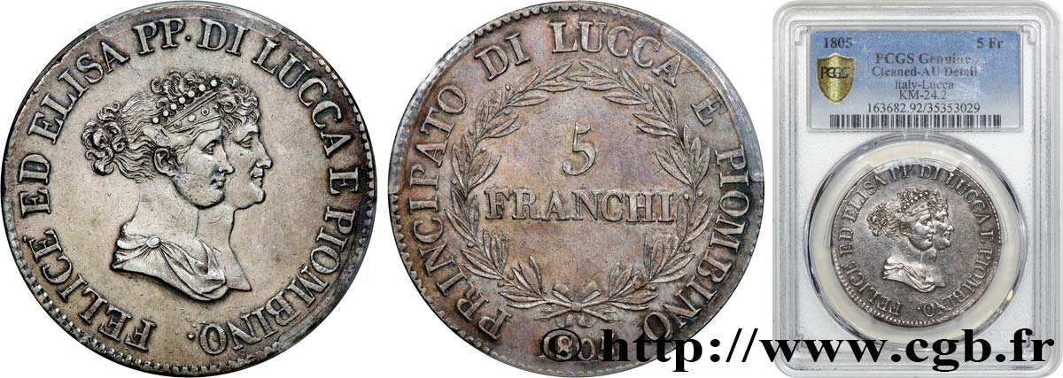 ITALIA - PRINCIPATO DI LUCCA E PIOMBINO - FELICE BACCIOCHI E ELISA BONAPARTE 5 Franchi - Moyens bustes 1805 Florence SPL PCGS