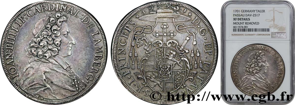 GERMANY - BISHOPRIC OF PASSAU - JOHN PHILIPP GRAF VON LAMBERG Thaler  1701  XF NGC