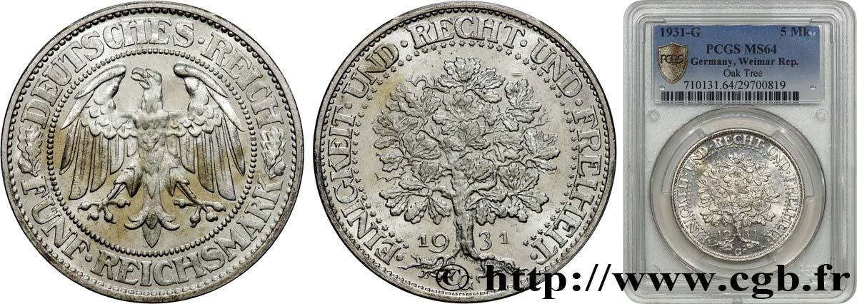 GERMANY - WEIMAR REPUBLIC 5 Reichsmark 1931 Karlsruhe MS64 PCGS