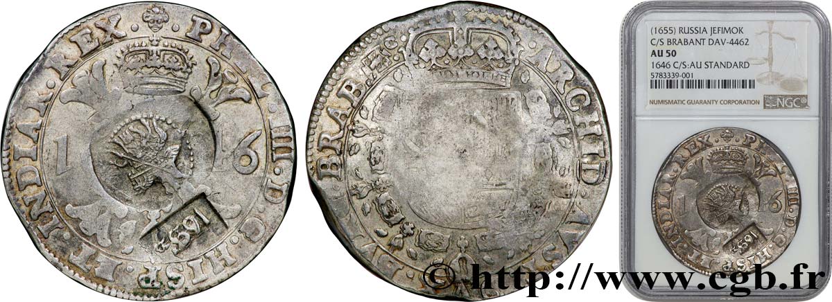 RUSSIE - ALEXIS MICHAILOVITCH Jefimok frappé sur un Patagon de 1646 (1655) Bruxelles BB50 NGC