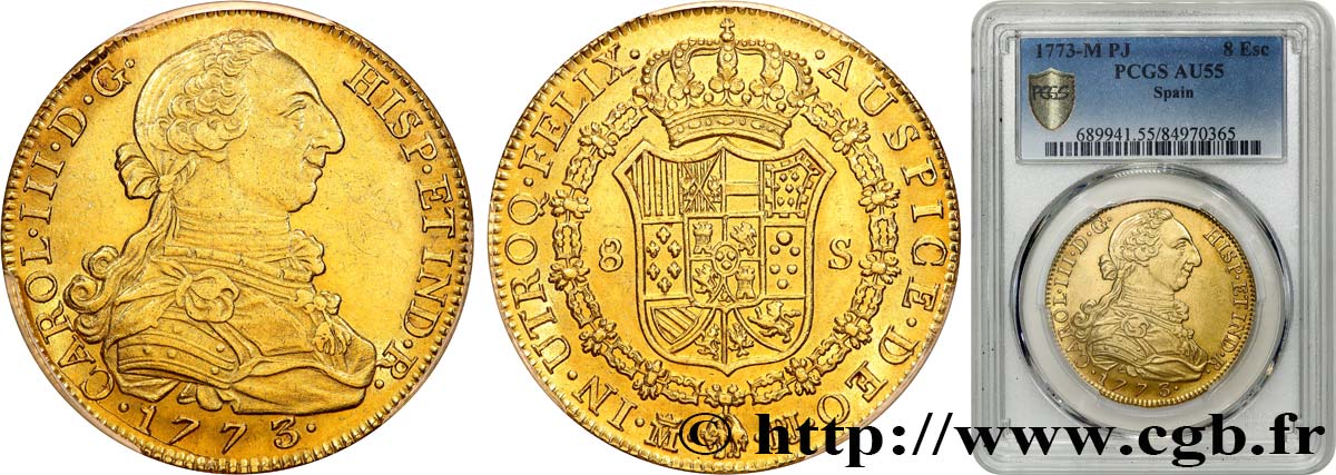 SPAIN - KINGDOM OF SPAIN - CHARLES III 8 escudos 1773 Madrid AU55 PCGS