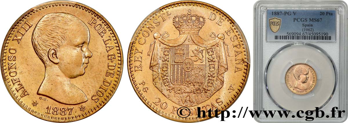 SPAIN 20 Pesetas refrappe de 1962 1887 Madrid MS67 PCGS