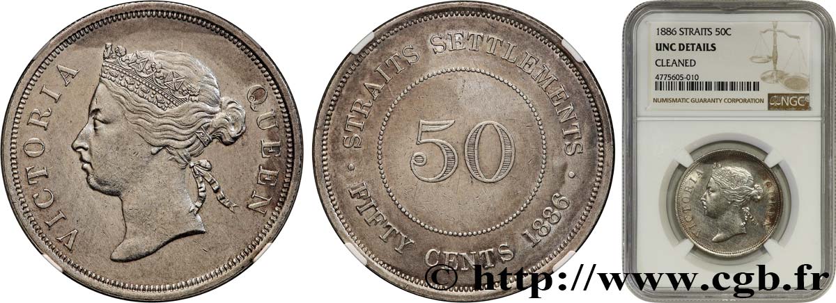 MALAISIE - ÉTABLISSEMENTS DES DÉTROITS - VICTORIA 50 Cents  1886  fST NGC