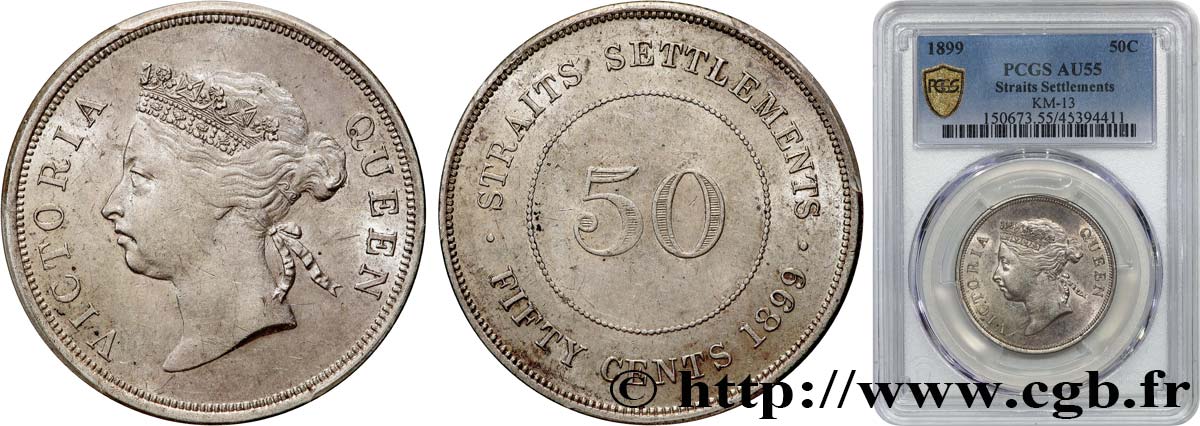 MALAYSIA - STRAITS SETTLEMENTS - VICTORIA 50 Cents  1899  AU55 PCGS