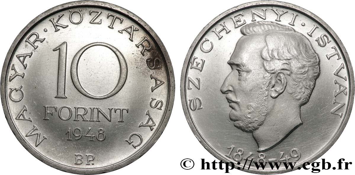 UNGARN 10 Forint Proof 100e anniversaire de la révolution de 1848, le comte István Széchenyi 1948 Budapest VZ 
