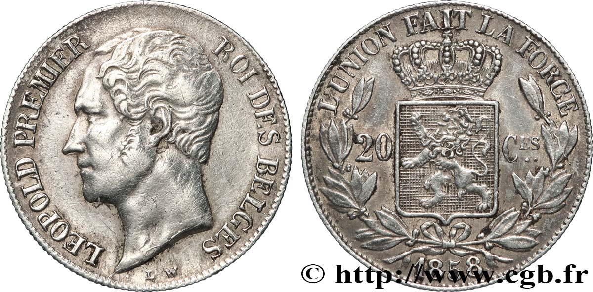 BELGIUM - KINGDOM OF BELGIUM - LEOPOLD I 20 Centimes, tête nue 1858  XF 