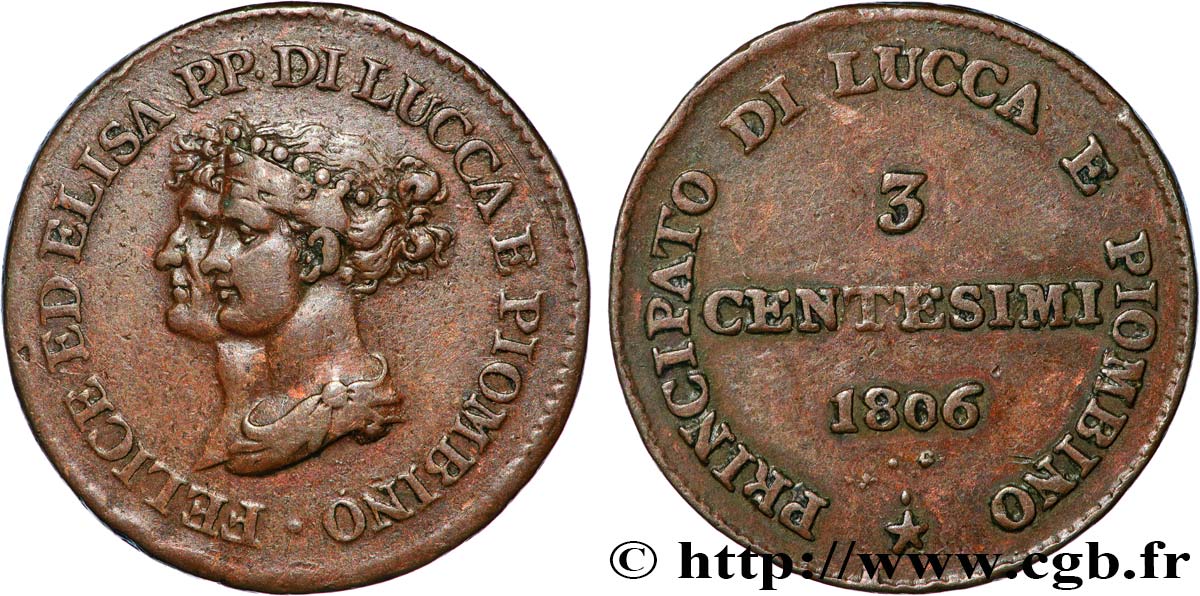ITALIA - PRINCIPATO DI LUCCA E PIOMBINO - FELICE BACCIOCHI E ELISA BONAPARTE 3 Centesimi 1806 Florence BB 