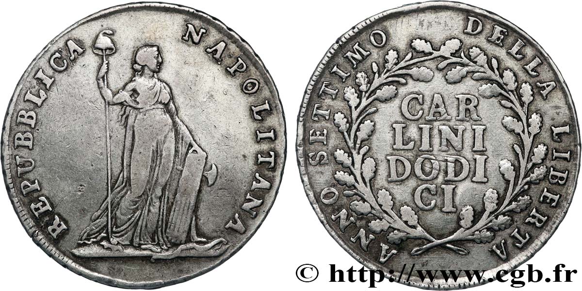 ITALIA - REPUBLICA NAPOLETANA 12 Carlini ou Piastre 1799 Naples BC+ 