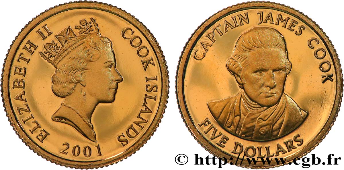 COOK ISLANDS 5 Dollar Proof James Cook 2001  MS 