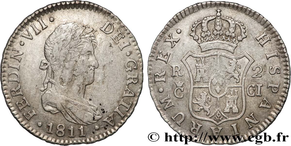 SPAIN - KINGDOM OF SPAIN - FERDINAND VII 2 Reales 1811 Cadix VF 