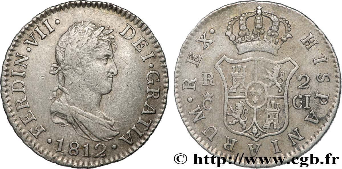ESPAGNE 2 Reales Ferdinand VII 1812 Cadix TB+ 