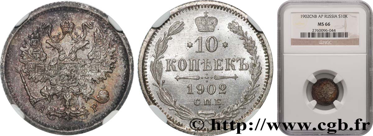 RUSSLAND - NIKOLAUS II. 10 Kopecks 1902 Saint-Petersbourg ST66 NGC