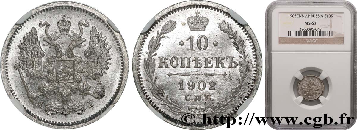 RUSSIA - NICHOLAS II 10 Kopecks 1902 Saint-Petersbourg MS67 NGC